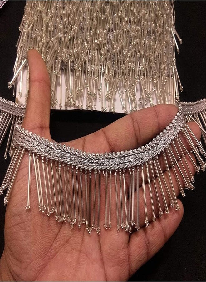 PREMDAS LACES Tassels Latkan Hanging Laces Heavy Pipe Border for Dresses (Silver, 9 Meter) - Image 1